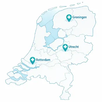 Kaart van Nederland met de drie Sjögren expertisecentra in Groningen, Utrecht en Rotterdam Kaart van Nederland met de drie Sjögren expertisecentra in Groningen, Utrecht en Rotterdam